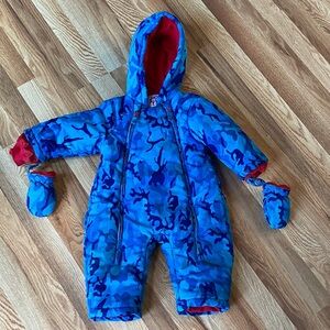 Blue Camouflage Kids One Piece Snowsuit with Mittens. 12-18 months